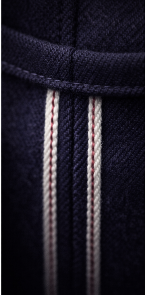 Dettaglio bordo interno con selvedge giapponese.